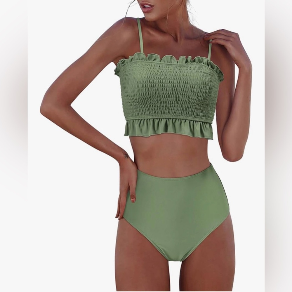 RXRXCOCO Olive Green Smocked Bandeau High-Waist Bikini Set